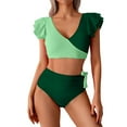 thumbnail image 1 of JSGEK Womens Swimsuit Set Ruffle Sleeve Design Wrap Front Detail High Waist Bottom Side Tie Closure Stretch Fabric for Pool Parties Green M, 1 of 9
