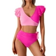thumbnail image 1 of JSGEK Womens Swimsuit Set Ruffle Sleeve Design Wrap Front Detail High Waist Bottom Side Tie Closure Stretch Fabric for Pool Parties Pink XXL, 1 of 9