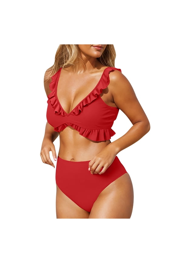 Womens Swimsuit Set Ruffle Trim V Neck Design Scalloped Edge Bottom Breathable Material for Pool Parties Red L
