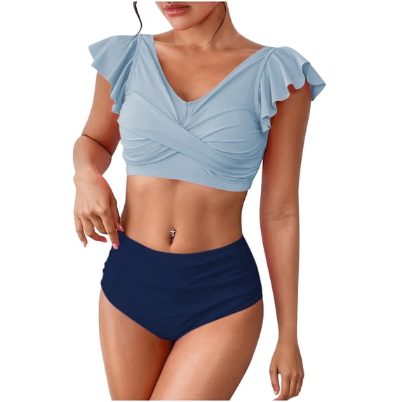 JSGEK Womens Swimsuit Set Ruffled Sleeve Crop Top Design High Waist Bottom Modest Silhouette Lightweight Fabric for Beach Outings Blue S