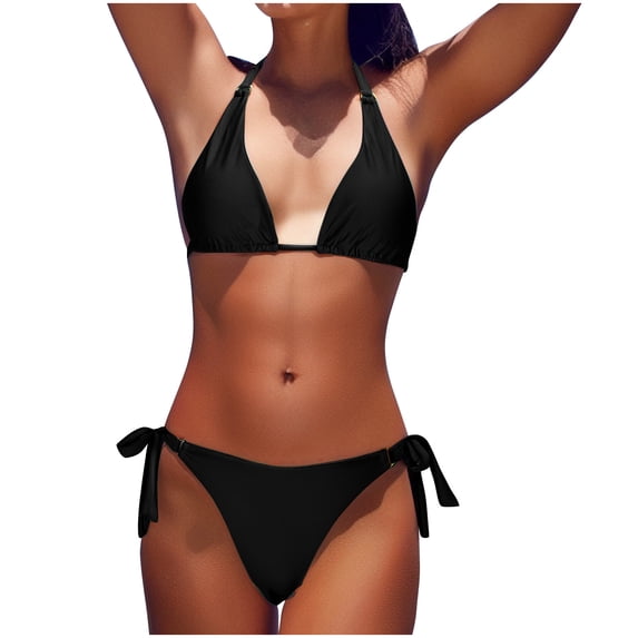 JSGEK Womens Swimsuit Set Triangle Top Design Side Tie Bottom Quick Dry Fabric Sun Protection for Summer Water Activities Black XL