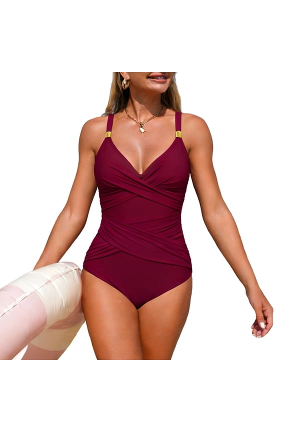 Womens Swimsuit Set V Neck Design Spaghetti Strap Detail High Cut Silhouette Ruched Accent Quick Dry Fabric for Summer Water Activities Red S