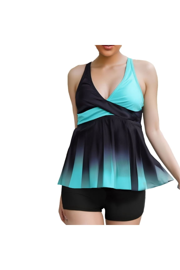 Womens Swimsuit Set Wrap V Neck Design Color Block Detail Racerback Tankini Silhouette High Waist Bottom Quick Dry Fabric for Beach Vacations Blue XXXL
