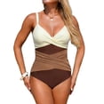 thumbnail image 1 of JSGEK Womens Swimsuit Set Wrap V Neck Design Color Block Detail Tankini Silhouette Tummy Control Fabric for Swimming Training Brown L, 1 of 5
