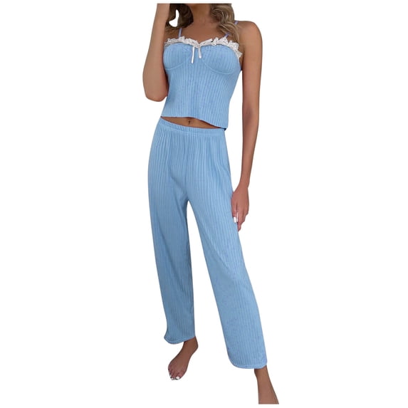 JSGEK Womens Tube Top Pajama Sets Cropped Pant Design Soft Fabric Relaxed Silhouette for Home Leisure Blue XXL
