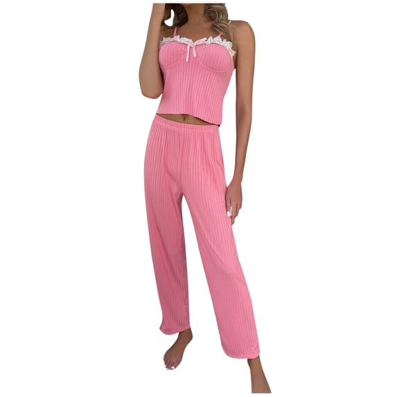 JSGEK Womens Tube Top Pajama Sets Cropped Pant Design Soft Fabric Relaxed Silhouette for Home Leisure Pink S