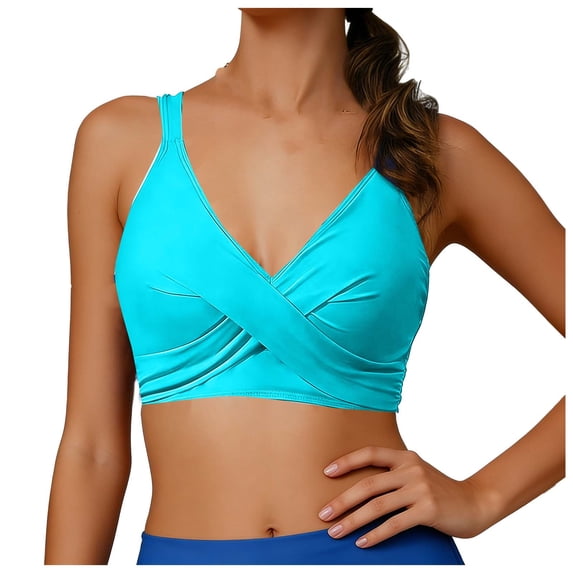 JSGEK Womens V Neck Bikini Top Padded Design Soft Fabric Relaxed Silhouette for Summer Vacations Blue L