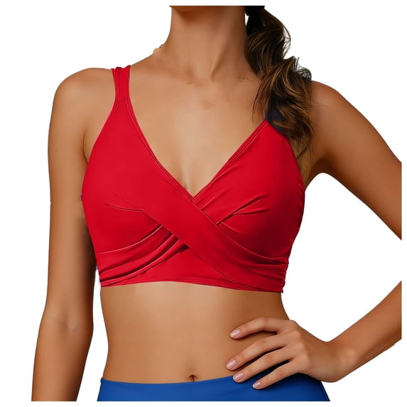 JSGEK Womens V Neck Bikini Top Padded Design Soft Fabric Relaxed Silhouette for Summer Vacations Red M