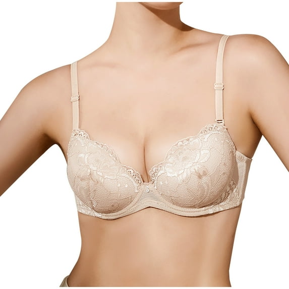JSGEK without Steel Ring Lace Lingerie Workout Gym Activewear Bra Small Cup Underwear Hollow Out Bra Soft Regular Fit Sexy Push up Plunge Wirefree Comfort Beige 36 Bra for Ladies
