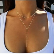 JSJOY Lariat Gold lariat Necklace for Women Chest Dainty Long Necklace 14k Gold Plated Y-Shaped Pendant Necklace Trendy Layered Cz Beaded Chain Drop Necklaces Simple Gold Jewelry For Women Girls Gift