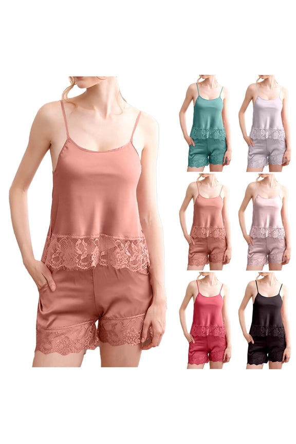 2 Piece Pajama Set for Women Lace Trim Backless Tops and Shorts Set Sleepwear Outfit Loungewear Brown|L
