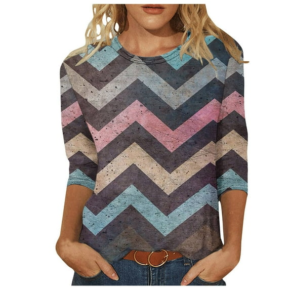 JSKUMAR 3/4 Sleeve Tops Striped Colorful Print Round Neck T-shirts Plus Size Basic Tees Casual Loose Pullovers Shirts Dark Gray,XXXXL