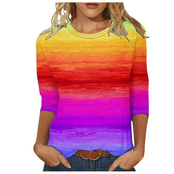 JSKUMAR 3/4 Sleeve Tops Striped Colorful Print Round Neck T-shirts Plus Size Basic Tees Casual Loose Pullovers Shirts Hot Pink,XXXXXL