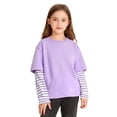 thumbnail image 1 of JSKUMAR Boys Girls Color Block Shirts Trendy Long Striped Sleeve Crew Neck Baggy Tops Kids Comfy Breathable Tees (Purple,3-4 Years), 1 of 5