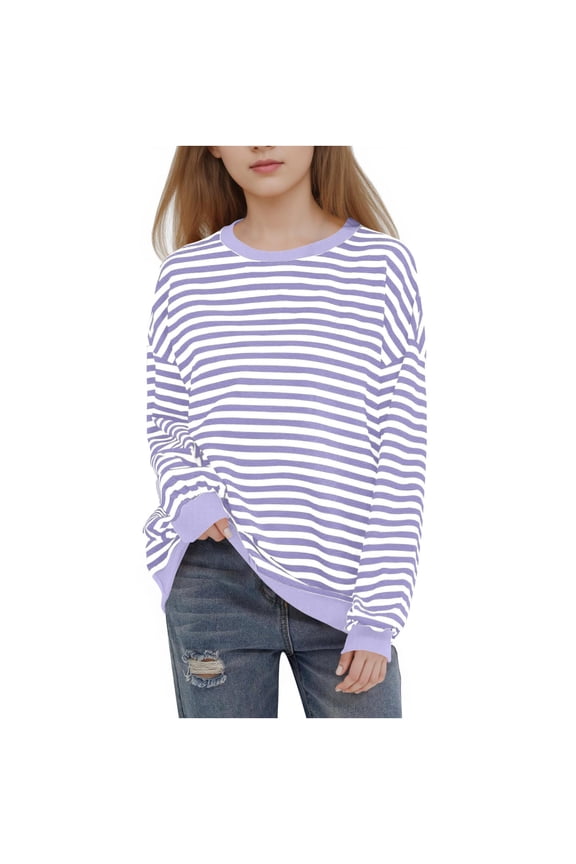 Boys Girls Striped Long Sleeve Shirts Oversized Y2k Drop Shoulder Tees Casual Crewneck Color Block Pullover Tops (Purple,2-3 Years)