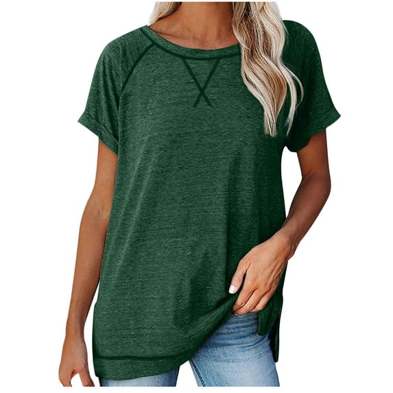 JSKUMAR Casual Loose Short Sleeve Basic Tops for Women Cotton Soft Comfy Round Neck Tunic T-Shirts Side Split Blouses Pullover Tees Green,L