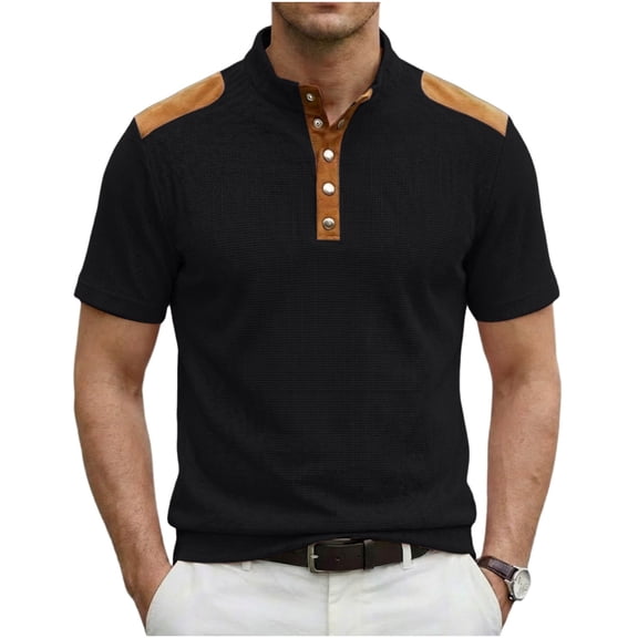 JSKUMAR Corduroy Shirts for Men Casual Stand Collar Quarter Button Up Vintage Short Sleeve Stylish Pullover Tops Black-1,S