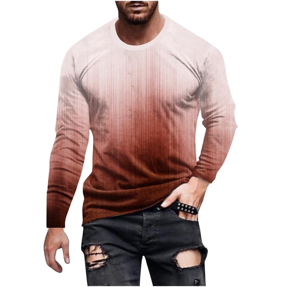 JSKUMAR Cotton Gradient Color Long Sleeve Crewneck Tops for Men Plus Size Comfy Pullover 3D Print T Shirts Red,XL