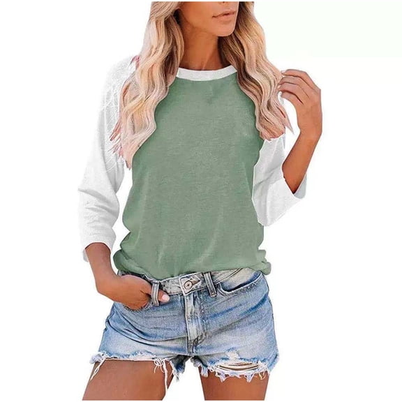 JSKUMAR Cotton Long Sleeve Crewneck Patchwork Pullover Casual Fall Trendy Tops Women Lightweight Shirts Blouses