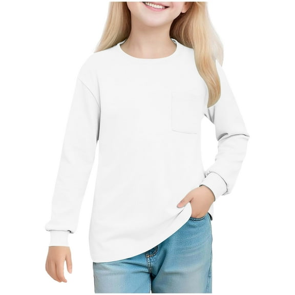 JSKUMAR Crewneck Tunic Tops for Boys Girls Casual Basic Long Sleeve Shirt Soft Comfy Solid Loose Tees Spring Fall Outfits (White-2,11 Years)