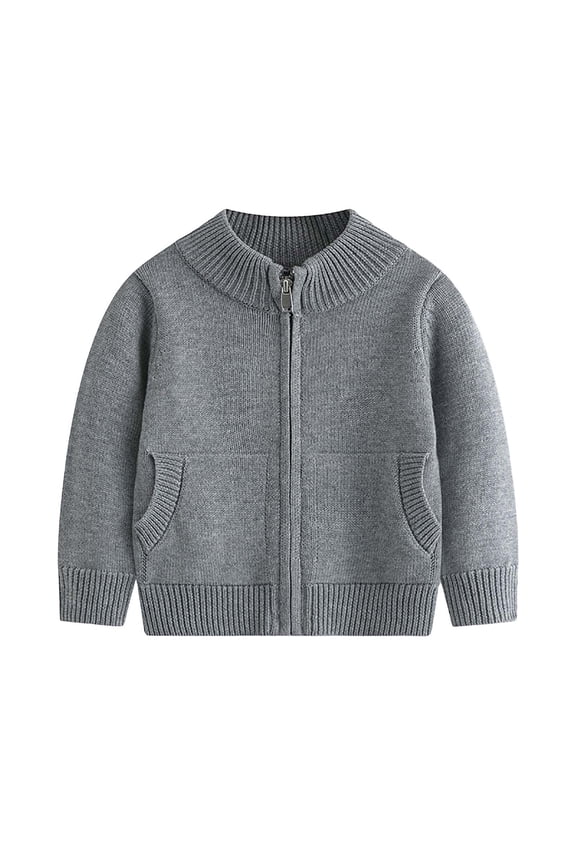 Kids Cardigan Sweater Zip Up Crew Neck School Uniforms Long Sleeve Knitted Jackets With Pockets (5-6T, Gray)
