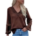 thumbnail image 1 of JSKUMAR Ladies Elegant Blouses Long Sleeve V Neck Dressy Tops Lace Patchwork Hollow Out Casual Loose Shirts Comfort Pullovers Coffee,XL, 1 of 5