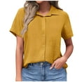 thumbnail image 1 of JSKUMAR Linen Shirts for Women Button up Short Sleeve Notch Lapel Collared Tops Dressy Casual Blouses Officewear (2XL, Yellow), 1 of 5