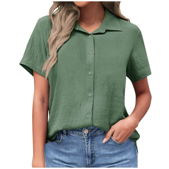 JSKUMAR Linen Shirts for Women Button up Short Sleeve Notch Lapel Collared Tops Dressy Casual Blouses Officewear (L, Green)