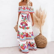 JSKUMAR Maxi Dresses for Women Boho Floral Print Mexican Dress Sleeveless Off Shoulder Tiered Long Summer Dress(L,White)