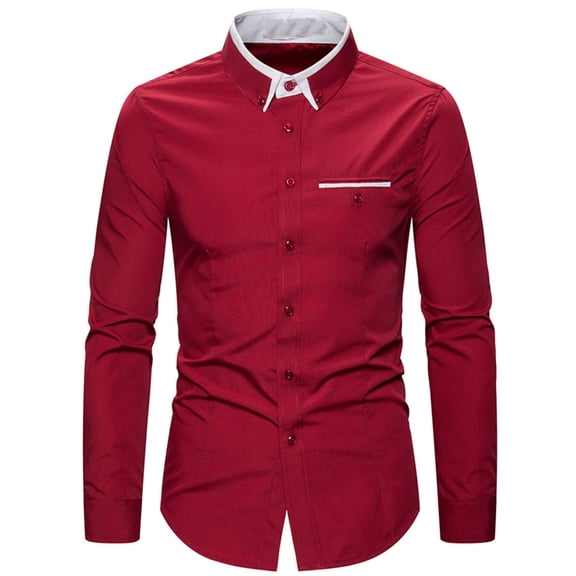JSKUMAR Men's Business Shirts Long Sleeve Button Up Lapel Slim Fit Formal Suit Blouses Red,M