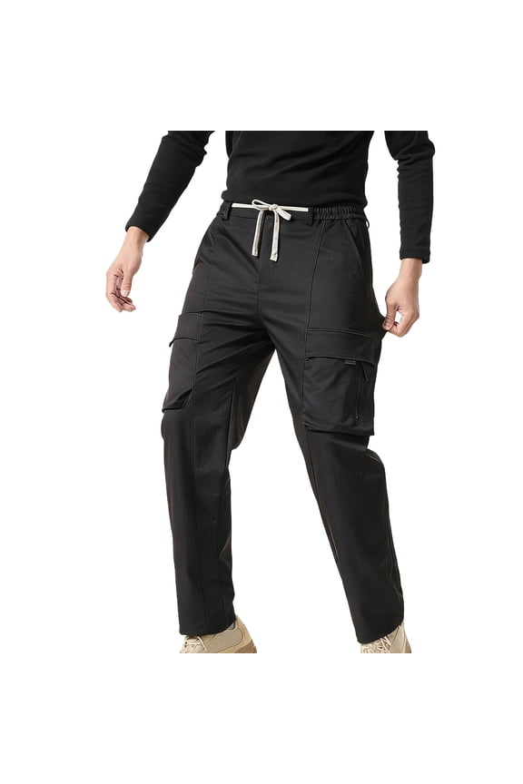Men's Casual Cargo Pants Lightweight Elastic Waist Trouser Hiking Drawstring Tactical Pants with Multi Pockets (XL, Black)