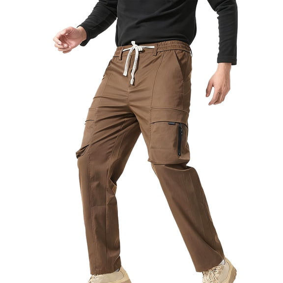 JSKUMAR Men's Casual Cargo Pants Lightweight Elastic Waist Trouser Hiking Drawstring Tactical Pants with Multi Pockets (XL, Coffee)