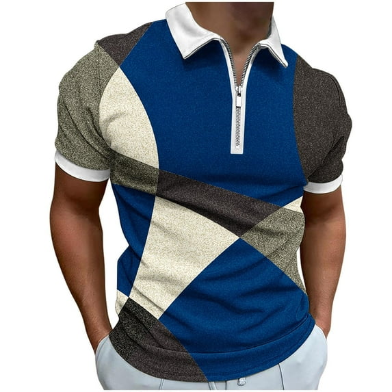 JSKUMAR Men's Casual Tops Short Sleeve T-Shirts Quarter Zip Lapel V Neck Tops Striped/Colorblock Printed Blouses Slim Fit Shirts Blue,L