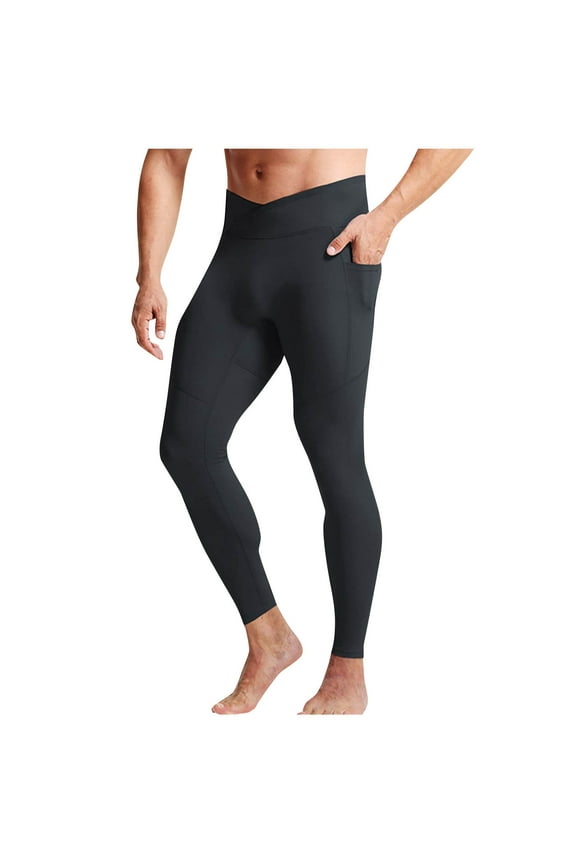 Men's Leggings with Pockets High Waist Running Athletic Base Layer Cross Workout Tights for Sports Gym Yoga (L, Black)