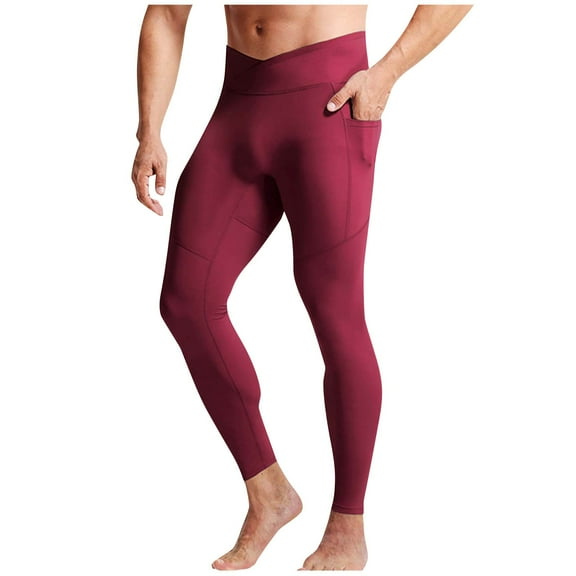 JSKUMAR Men's Leggings with Pockets High Waist Running Athletic Base Layer Cross Workout Tights for Sports Gym Yoga (XL, Red)