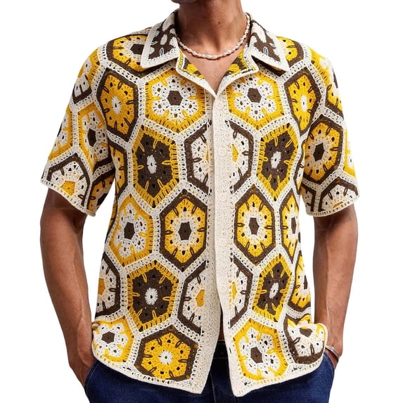 JSKUMAR Men's Striped Knit Shirts Vintage Short Sleeve Button Down Shirt Soft Breathable Crochet Hollow Out Summer Beach Top Multicolor,XL