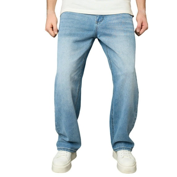 JSKUMAR Men's Wide Leg Jeans Casual Straight Leg Denim Pants Baggy Skater Streetwear Y2K Carpenter Vintage Trousers (S, Blue)
