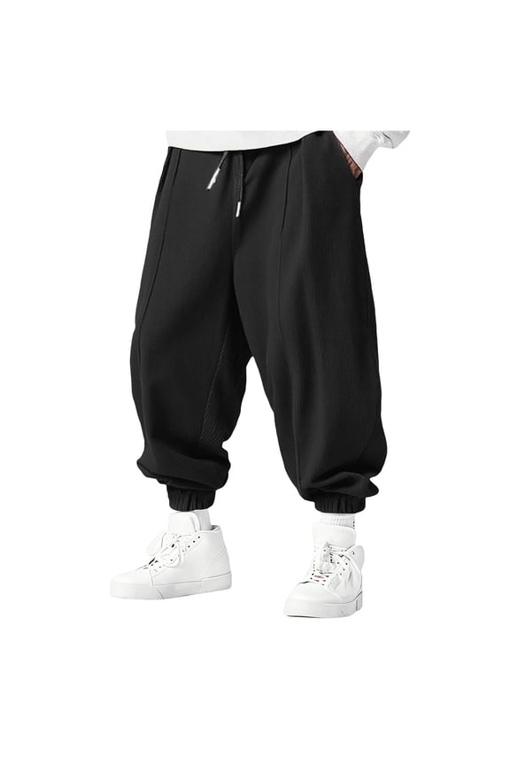 Mens Baggy Wide Leg Pants Stylish Corduroy Casual Mid Drawstring Waist Athletic Palazzo Pants with Pockets (2XL, Black)
