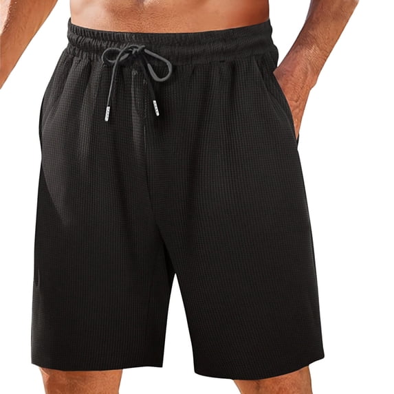 JSKUMAR Mens Waffle Shorts Casual Elastic Waist Drawstring Lightweight Knit Loose Summer Beach Shorts with Pockets Black,L