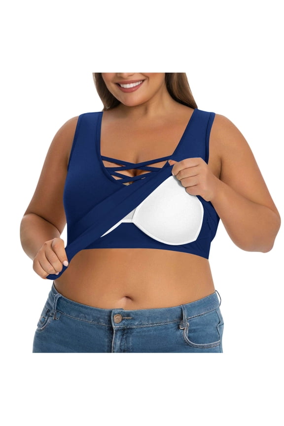 Plus Size Built in Bra Tank Tops for Women 2026 Summer Basic Sleeveless Low Cut Halter Athletic Shirts (Blue,5XL)