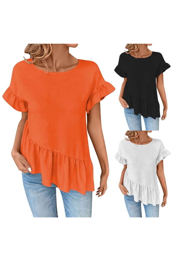 Plus Size Tops Womens Casual Short Ruffled Sleeve Crewneck Shirts Loose Ruffle Hem Flowy Peplum Tunic Tops (Orange,5XL)