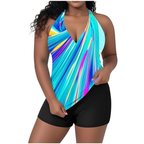 JSKUMAR Plus Size Women's 2 Piece Tankini Swimsuit Floral Graphic Adjustable Tie Top with Shorts Bathing Suits Athletic Swimwear (Sky Blue-1,4XL)