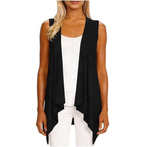 JSKUMAR Plus Size Women's Sleeveless Cardigan Open Front Lightweight Long Vests Draped Duster Tops Outfit (Black,L)