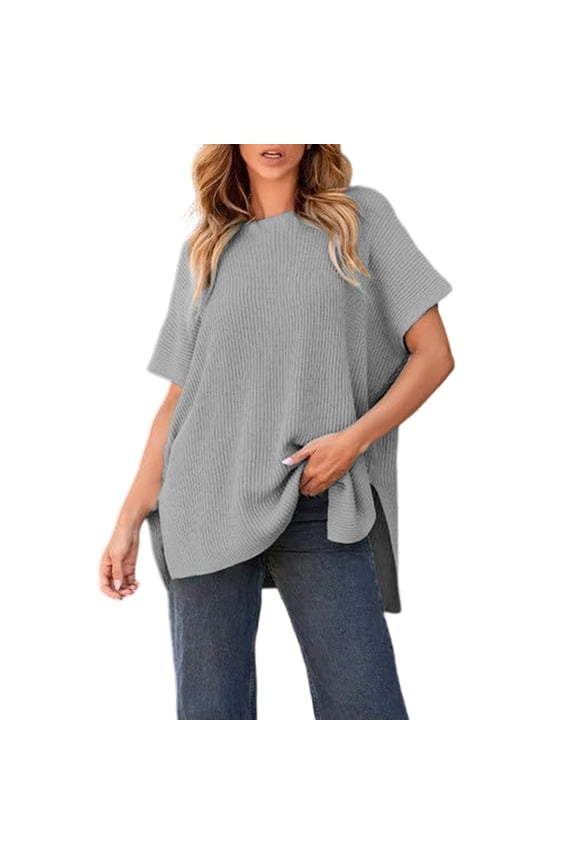 Plus Size Womens Summer Ribbed Batwing Tops Oversize Crew Neck Short Dolman Sleeve Tees Tunic Shirts Gray,S