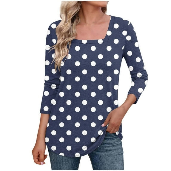 JSKUMAR Polyester T Shirts 3/4 Sleeve Polka Dots Print Tops for Women Square Neck Plus Size Tunic Blouses Spring Fall (2XL, Navy)