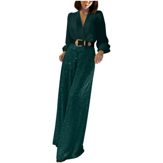 JSKUMAR Sequins Jumpsuit for Women Deep V Neck Belted Wide Leg Pants Sets Romper with Pockets Evening Party Jumpsuit (Army Green,3XL)