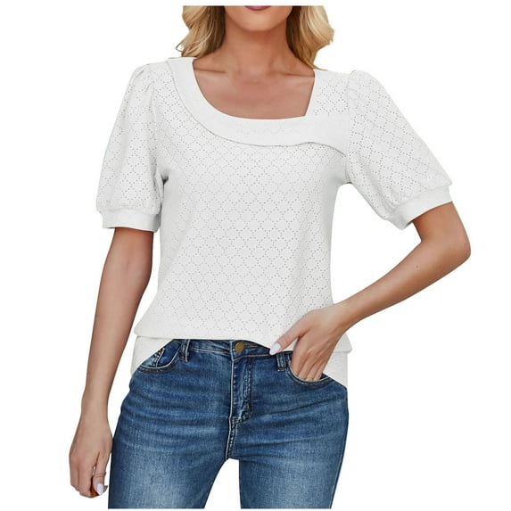 JSKUMAR Short Sleeve Asymmetric Neck Tops for Women Summer 2025 Trendy Pullovers Blouses White,XXL