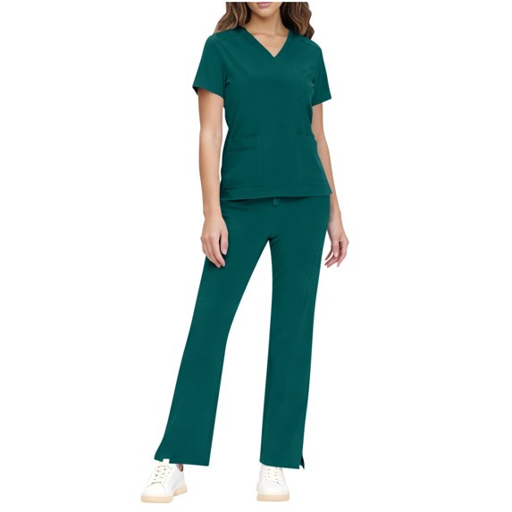 JSKUMAR Stretch Scrub Set for Women V-Neck Short Sleeve Tops Drawstring Cargo Pants Moisture Wicking Medical Uniform (Green-1,M)