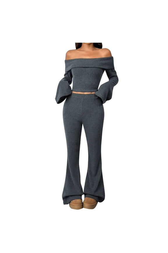 Sweater Sets Women's 2 Piece Outfits Casual Off the Shoulder Sweater Ribbed Bootcut Flare Legging Spring Outfit (Gray,L)
