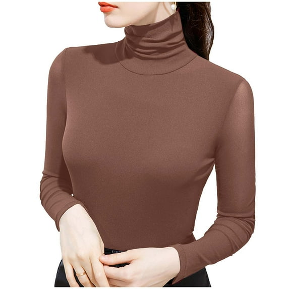 JSKUMAR Turtleneck Long Sleeve Shirts for Women Fall Winter Fitted Basic Thermal Underwear Tops Casual Slim Fit Clothes (Brown,L)